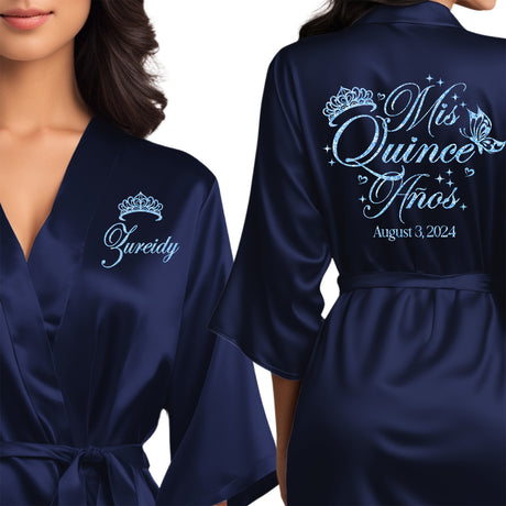 Personalized satin navy blue quinceanera robes. The perfect getting ready mis quince anos robes with light blue glitter. 