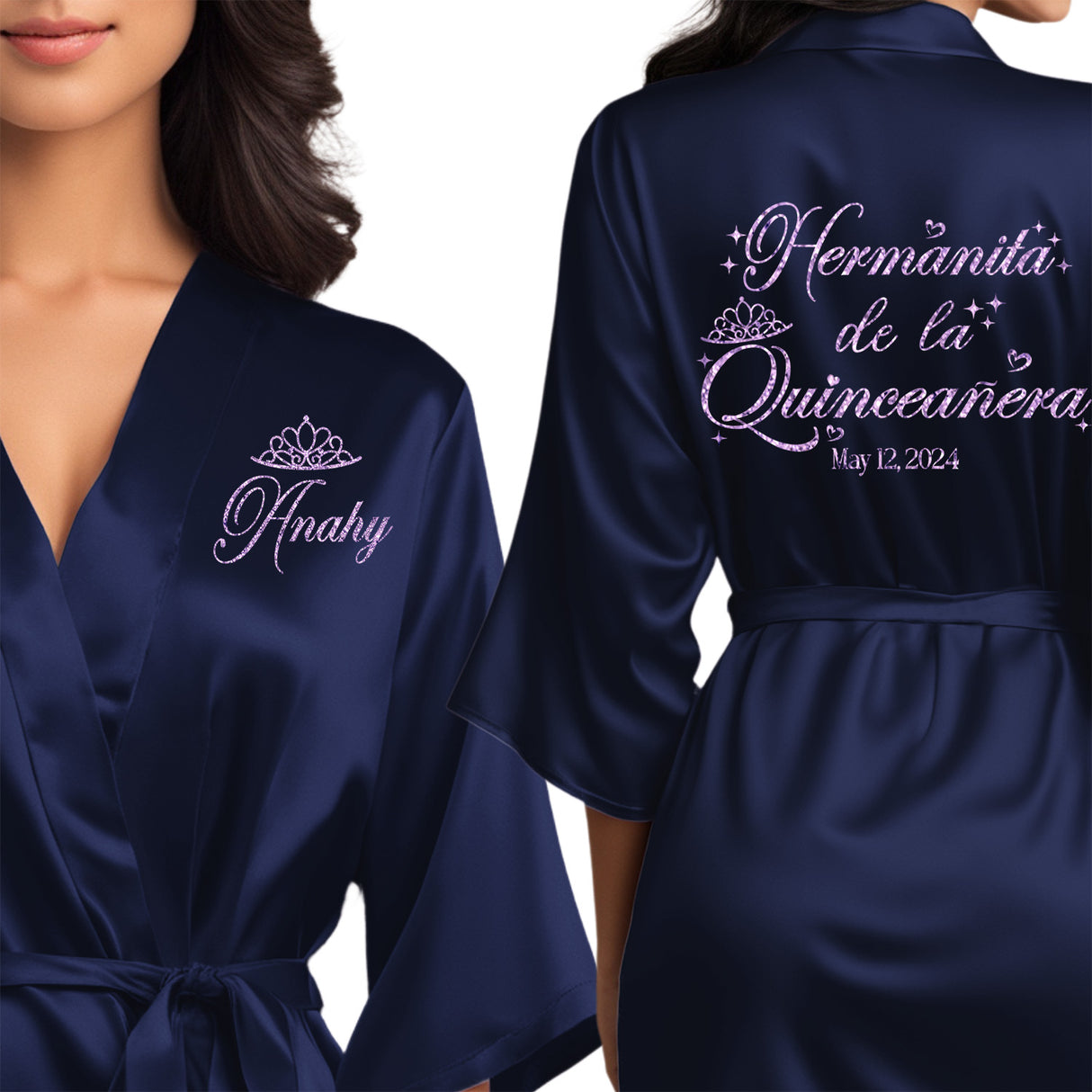 Women's quinceanera satin robes. Personalize with your name and event date. Navy blue quince robes for little sister.