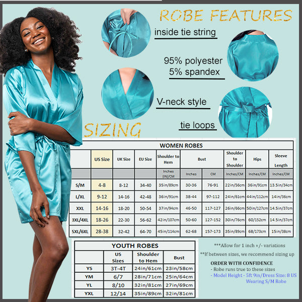 Womens and womens plus size personalized robes. Youth sizes available as well. Personalized satin robes that are perfect for spa days, birthdays, quinceanera's and much more. all SKUs