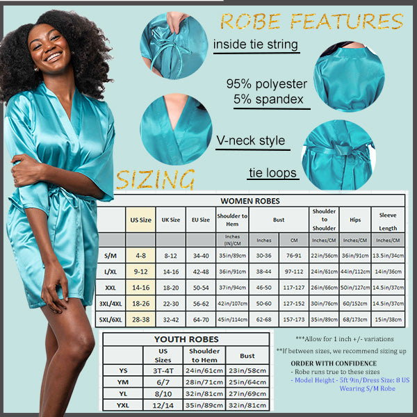 Womens and womens plus size satin robes size chart. all SKUs