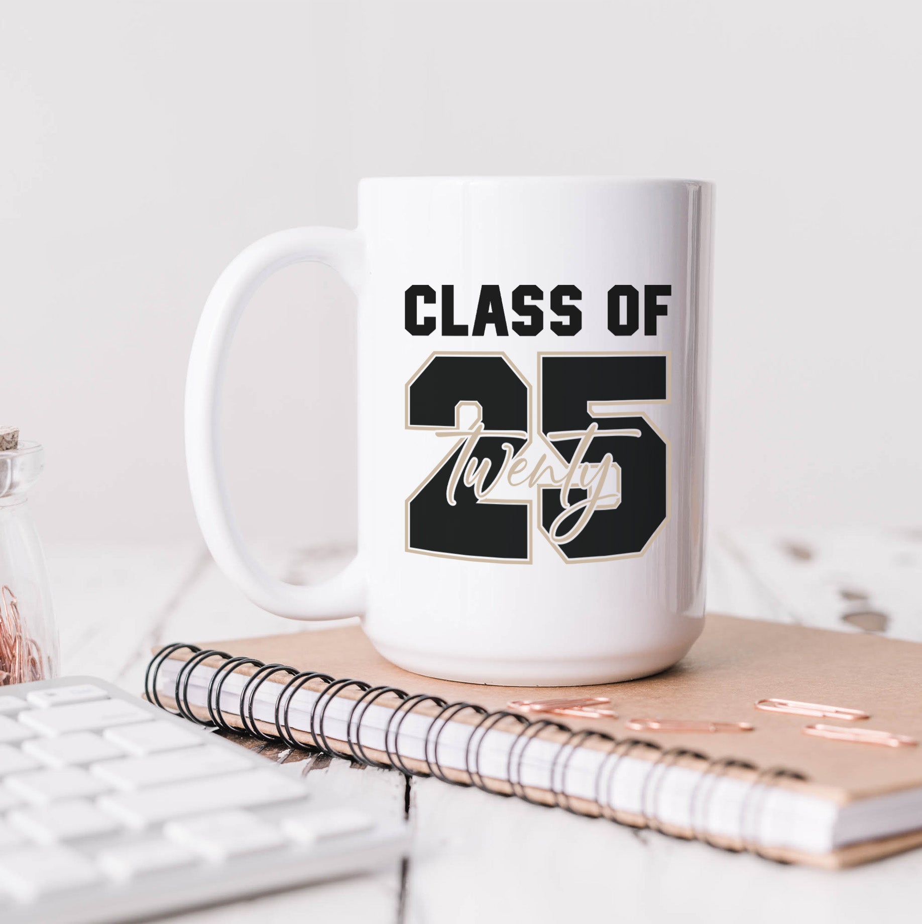 Coffee mug for graduation gifts class of 2025. Stylish graduation mug celebrating Class of 2025, perfect for daily coffee or display. 
