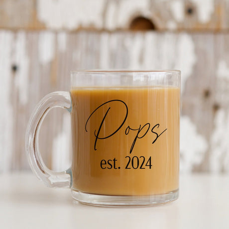 Clear glass mug with custom dad name and year for birthday gifts for dad, or Christmas gifts for him. 