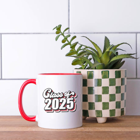 Red and black Class of 2025 senior mug with retro font design, perfect graduation gift for high school or college graduate.