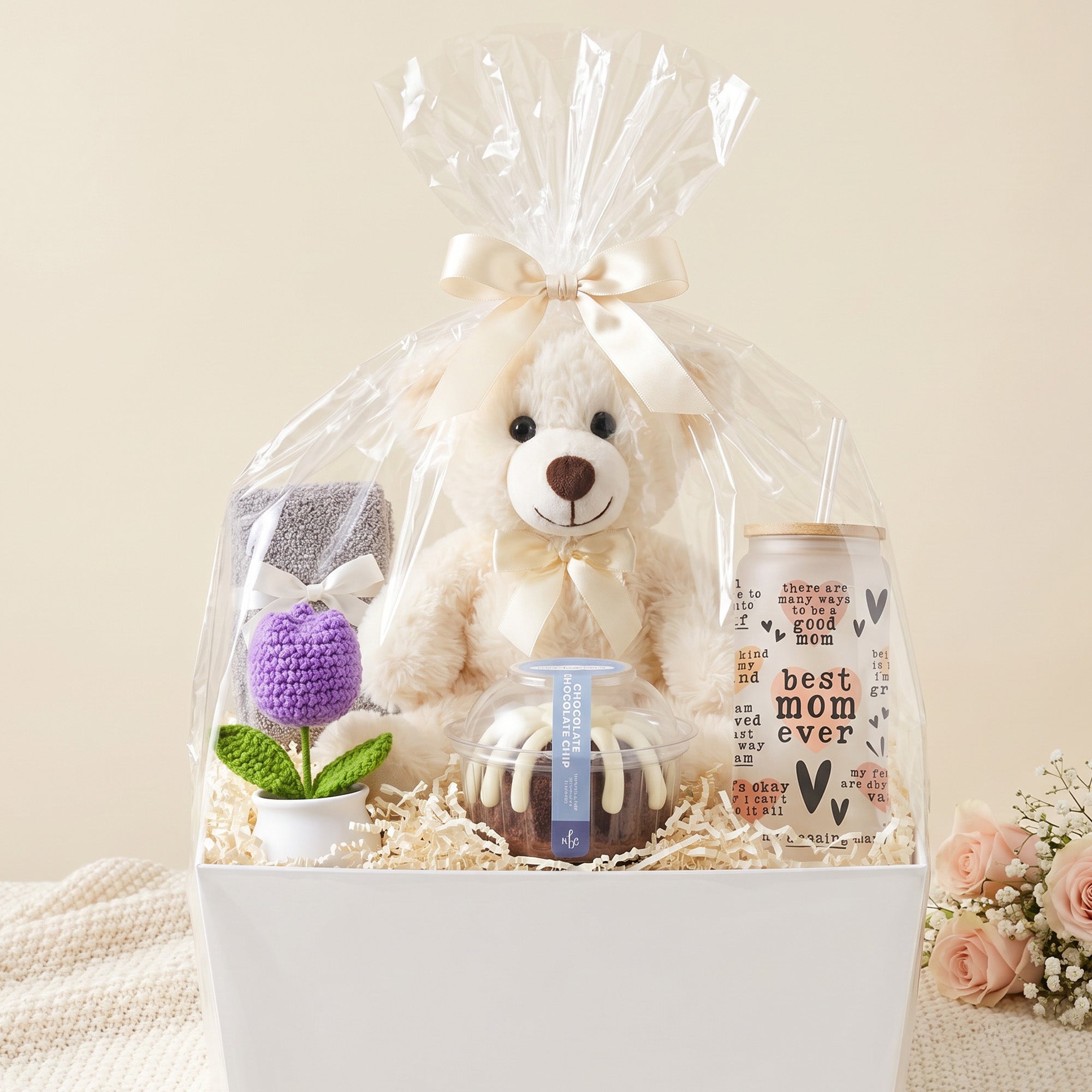 Cozy Cake Break Mom Gift Basket with Bundt Cake, Teddy Bear & Glass Tumbler