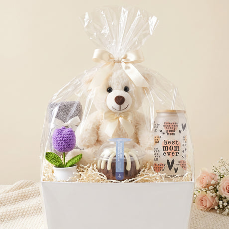 Cozy Cake Break Mom Gift Basket with Bundt Cake, Teddy Bear & Glass Tumbler