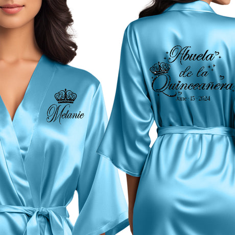 Front and back personalized satin quinceanera robes at knee length. Abuela de la quinceanera getting ready robes.