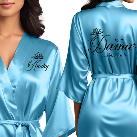 Ocean blue quinceanera robes for damas. Beautiful satin ocean blue robes with black glitter.