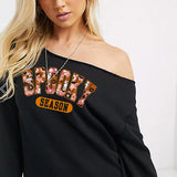 Spooky Season Off The Shoulder Halloween Sweatshirt for teens and women of all ages.  These Halloween shirts are available in sizes S to 5XL so everyone can get a great fit. all SKUs