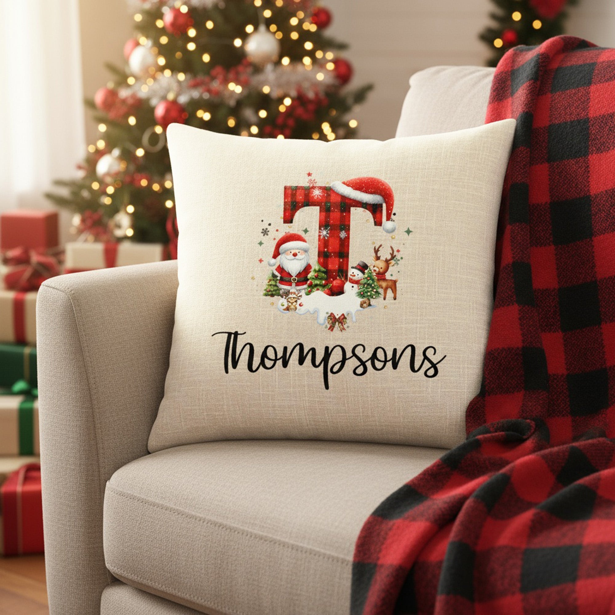 Red and Black Plaid Initial Personalized Christmas Pillow Cover and Add on Insert