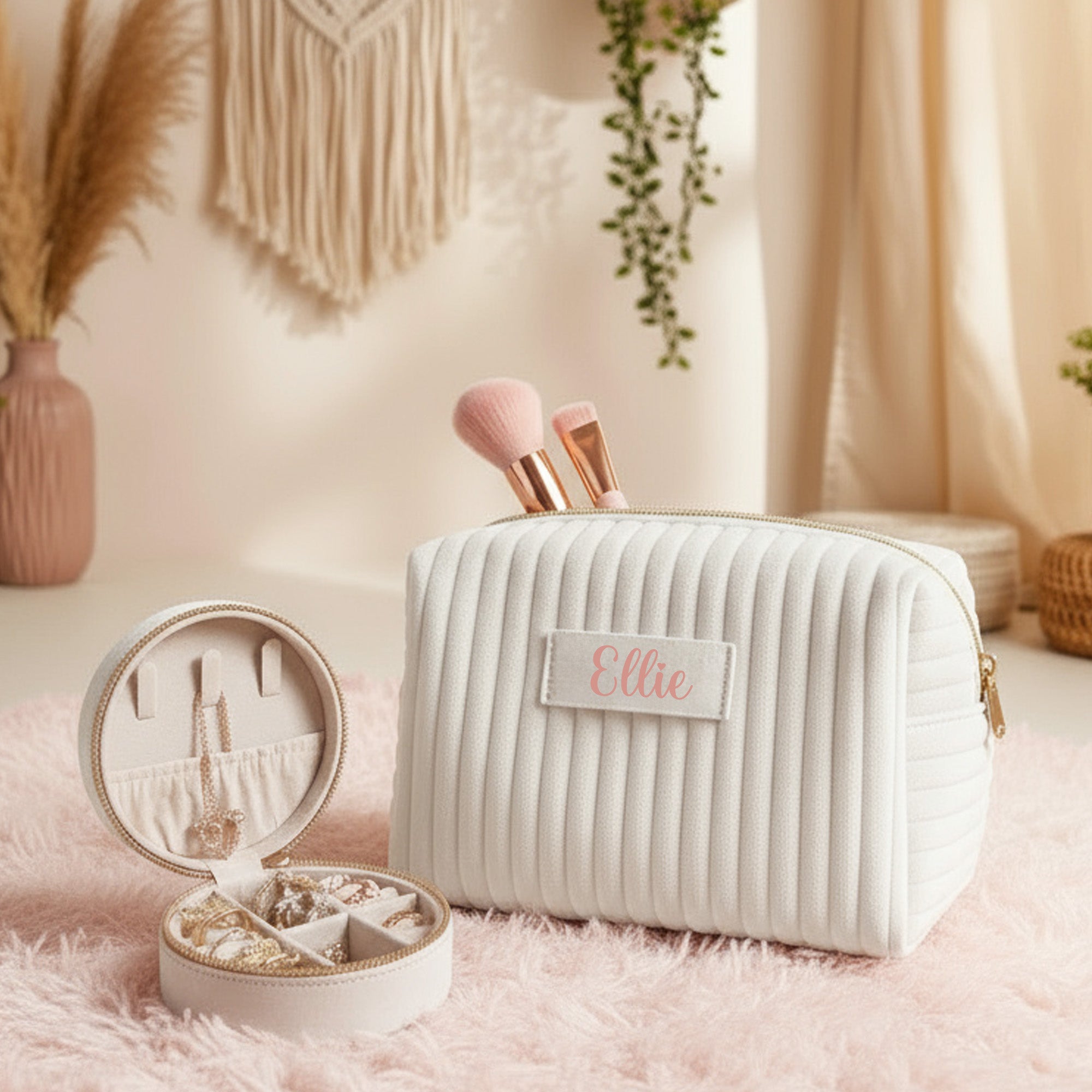 Ivory white jewelry box and makeup bag gift set for teenage girls and women.
