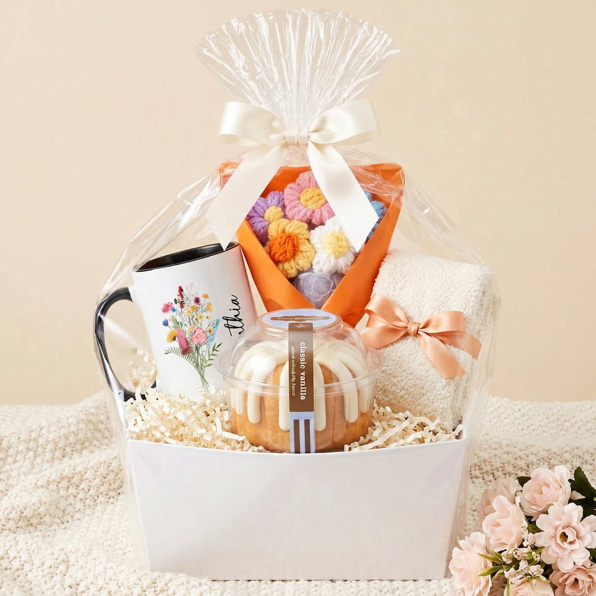 Sweet Cake & Bloom Basket Gift for Her with Bundt Cake, Mug and Fuzzy Socks