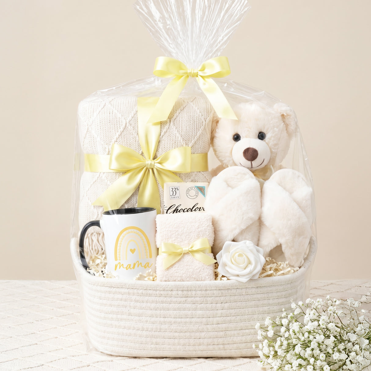 The Snuggle Set Mom Gift Basket with Blanket, Fluffy Slippers, & Teddy Bear