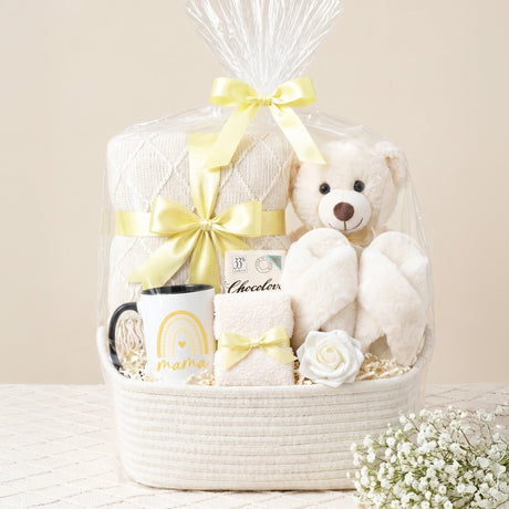 The Snuggle Set Mom Gift Basket with Blanket, Fluffy Slippers, & Teddy Bear - Gifts Are Blue