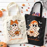 Natural and black personalized Halloween bags for kids with name. Cute trick or treat bags for school parties, Halloween, and other events.