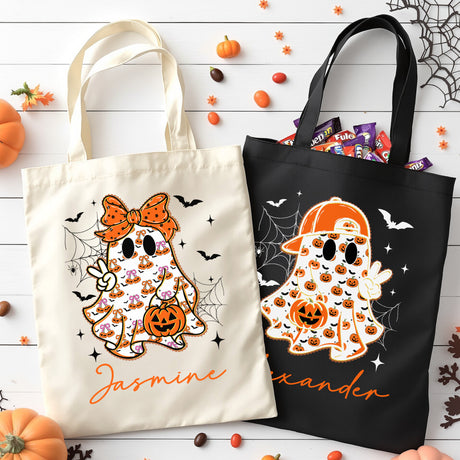 Natural and black personalized Halloween bags for kids with name. Cute trick or treat bags for school parties, Halloween, and other events.