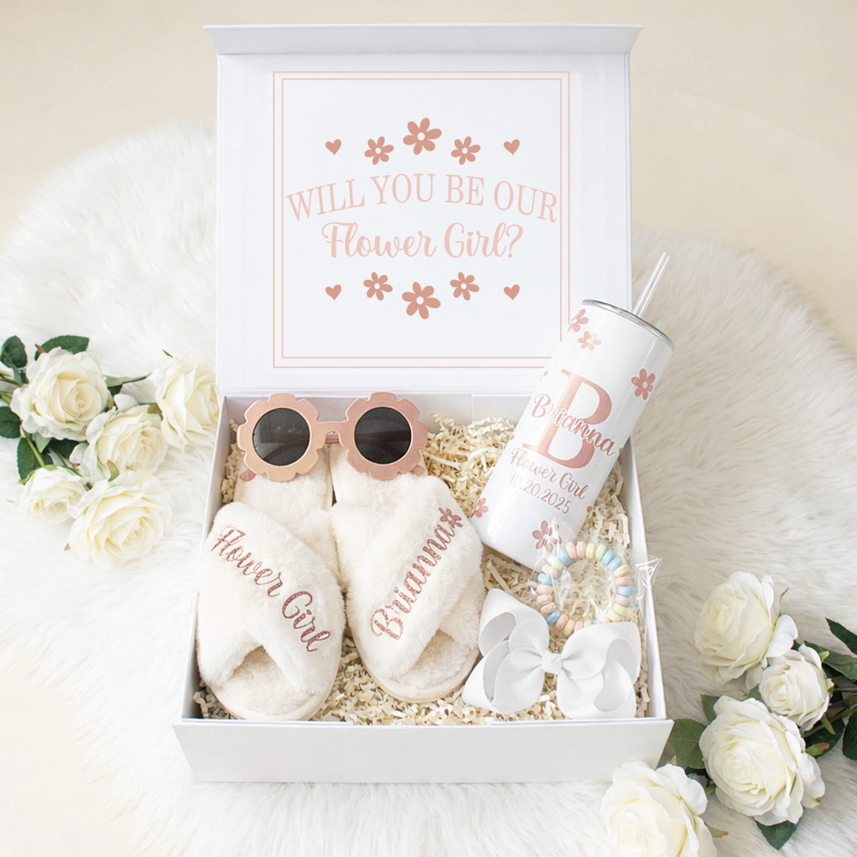 Sweet Pea Flower Girl Proposal Box with Fluffy Slippers & Tumbler