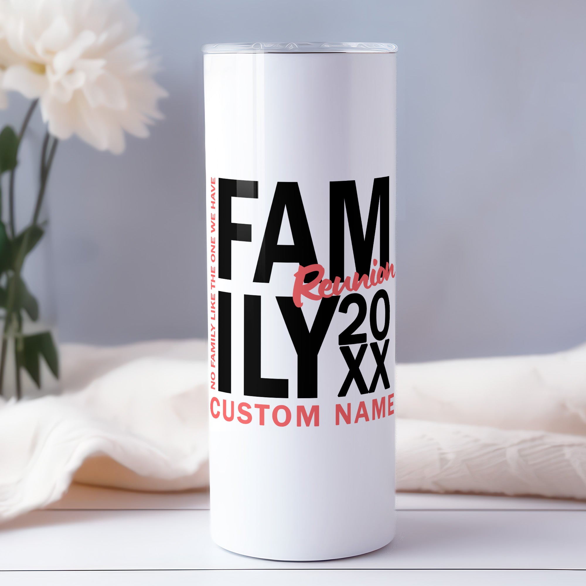 Custom matching tumbler with humorous family reunion theme, personalized with names gift for relatives and group events.