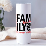 Custom matching tumbler with humorous family reunion theme, personalized with names gift for relatives and group events.