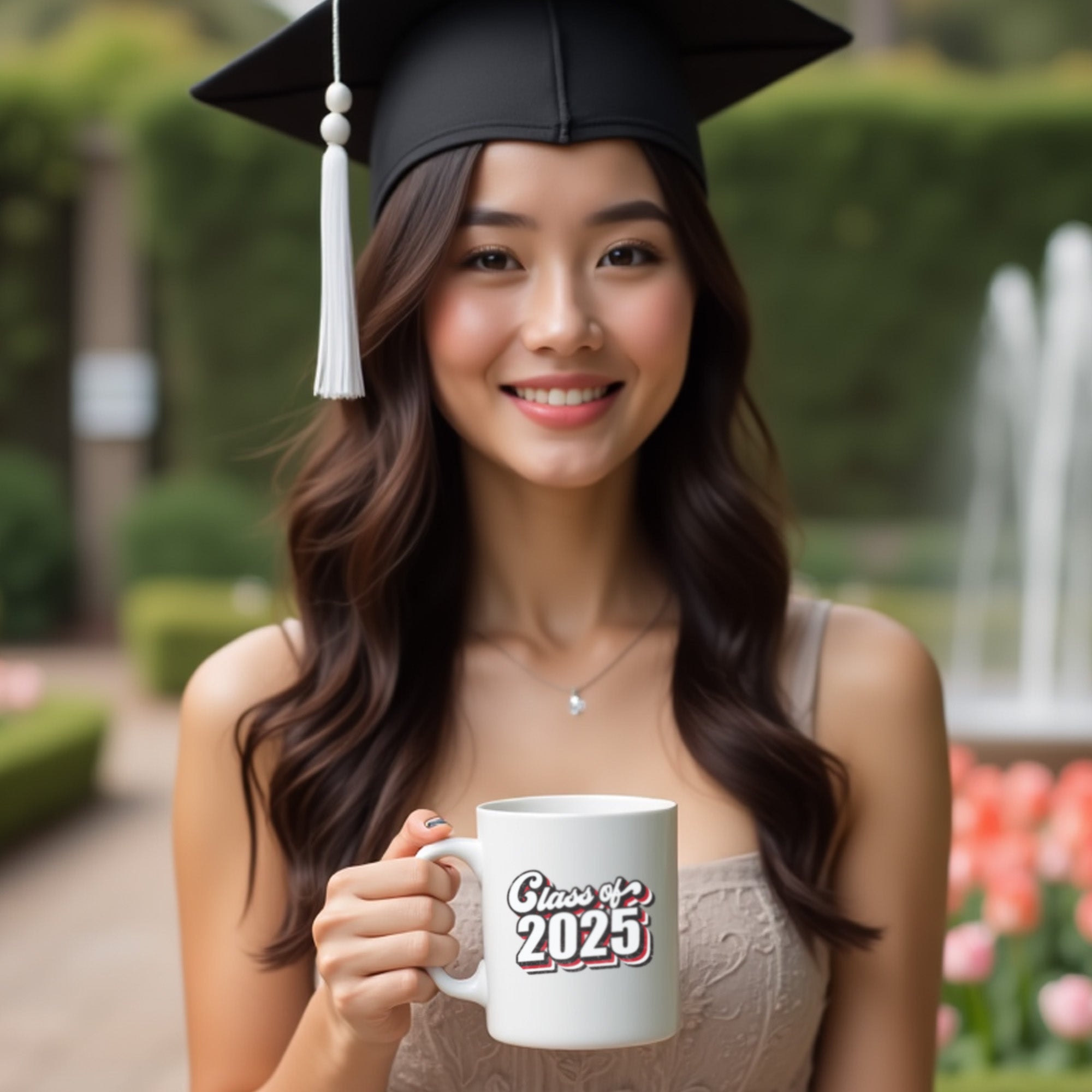 Female graduate holding Class of 2025 senior mug with retro design, ideal graduation gift for her or college keepsake.