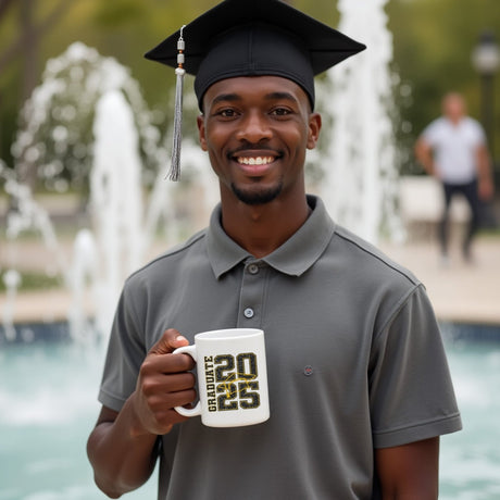 Guy holding cute graduation mug, for the perfect graduation gift. Gold cap design on mug for men. 