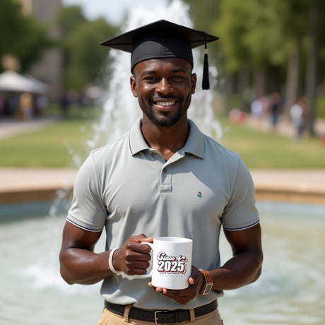 Male senior holding retro Class of 2025 graduation mug, great graduation gift idea for him or senior class coffee cup.