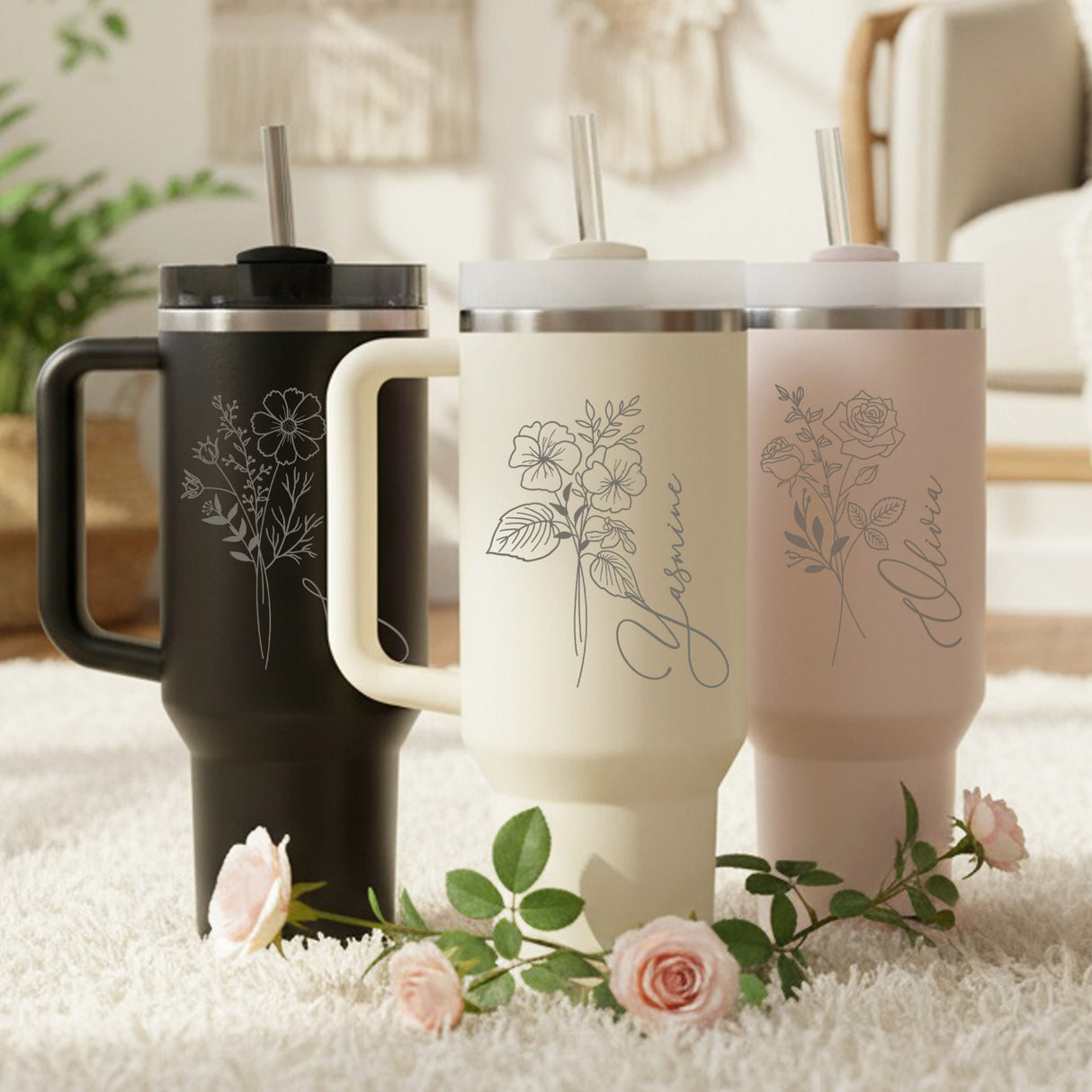 Birth Flower 40oz Personalized Tumbler with Name, Custom Gifts for Her