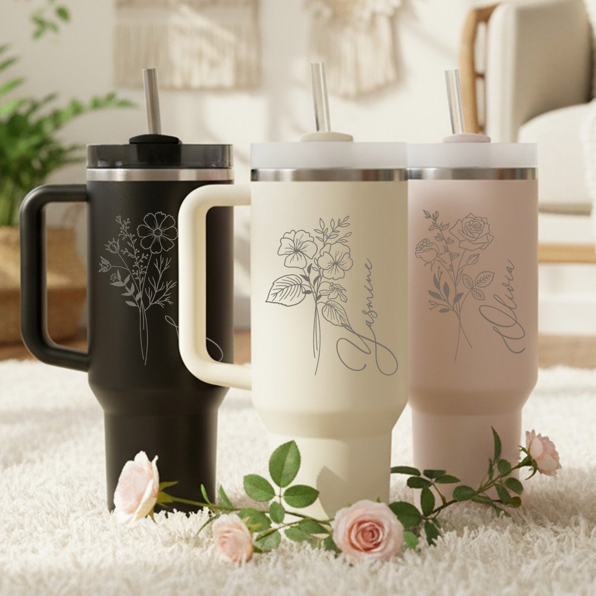 Birth Flower 40oz Personalized Tumbler, Custom Gifts for Her