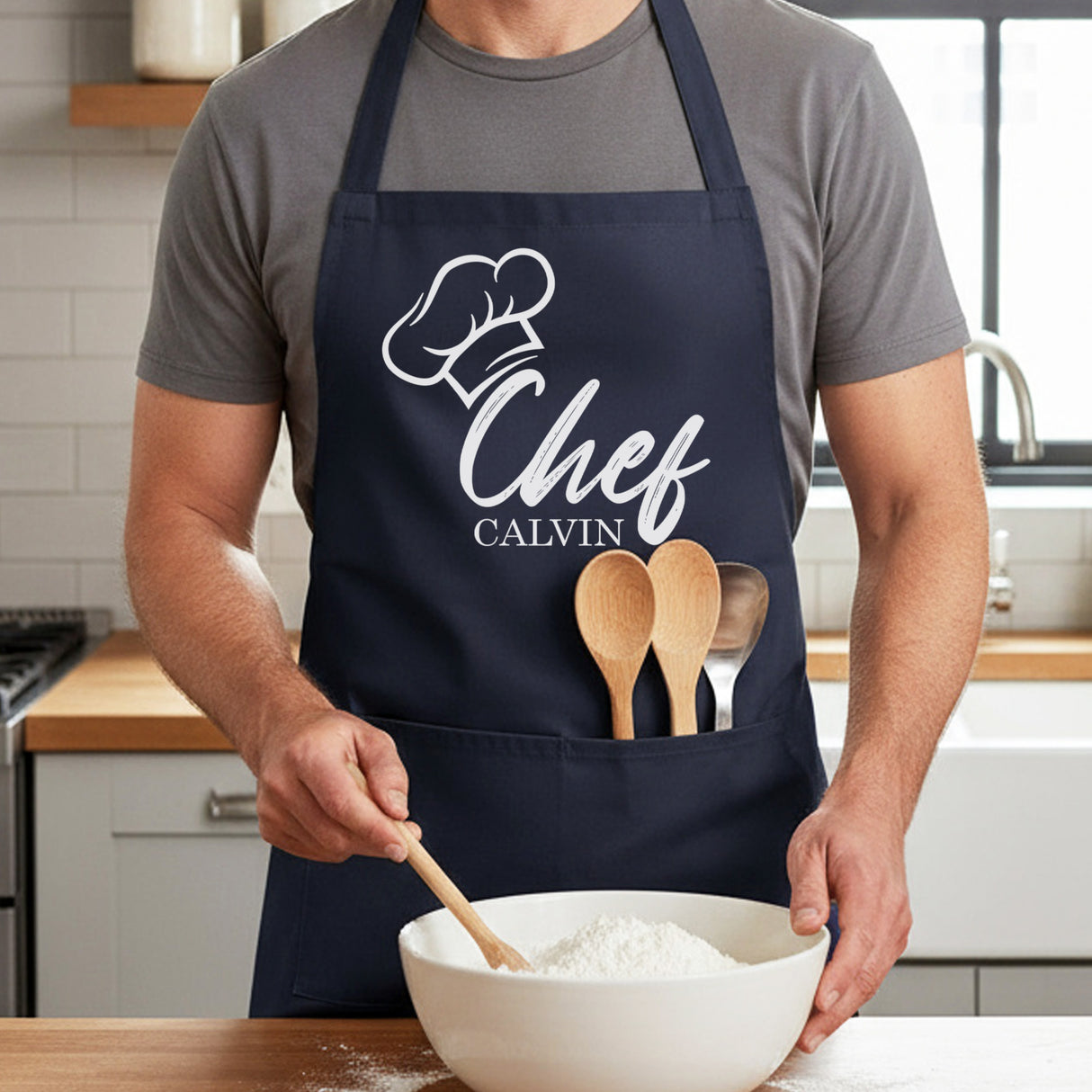 Chef Hat w Name Personalized Apron w Pocket, Custom Gifts for Dad and Grandpa