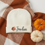 Cartoon Turkey Personalized Baby Beanie with Name for Thanksgiving, Infants 0M-6M