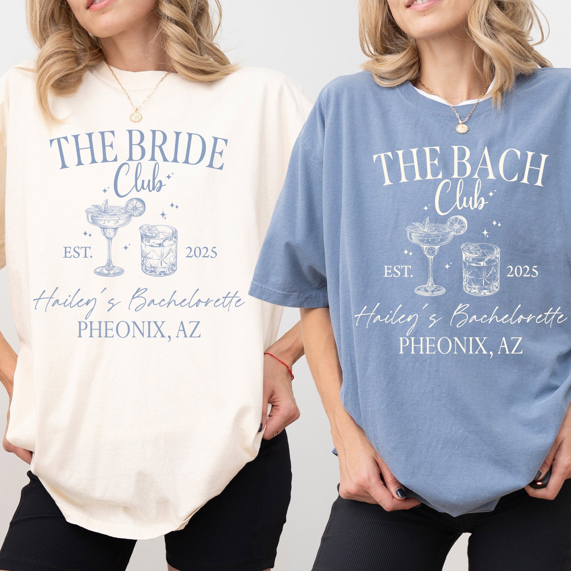 Bride and bridesmaids wearing personalized Comfort Colors bachelorette shirts with bride's name, and destination during bachelorette party.