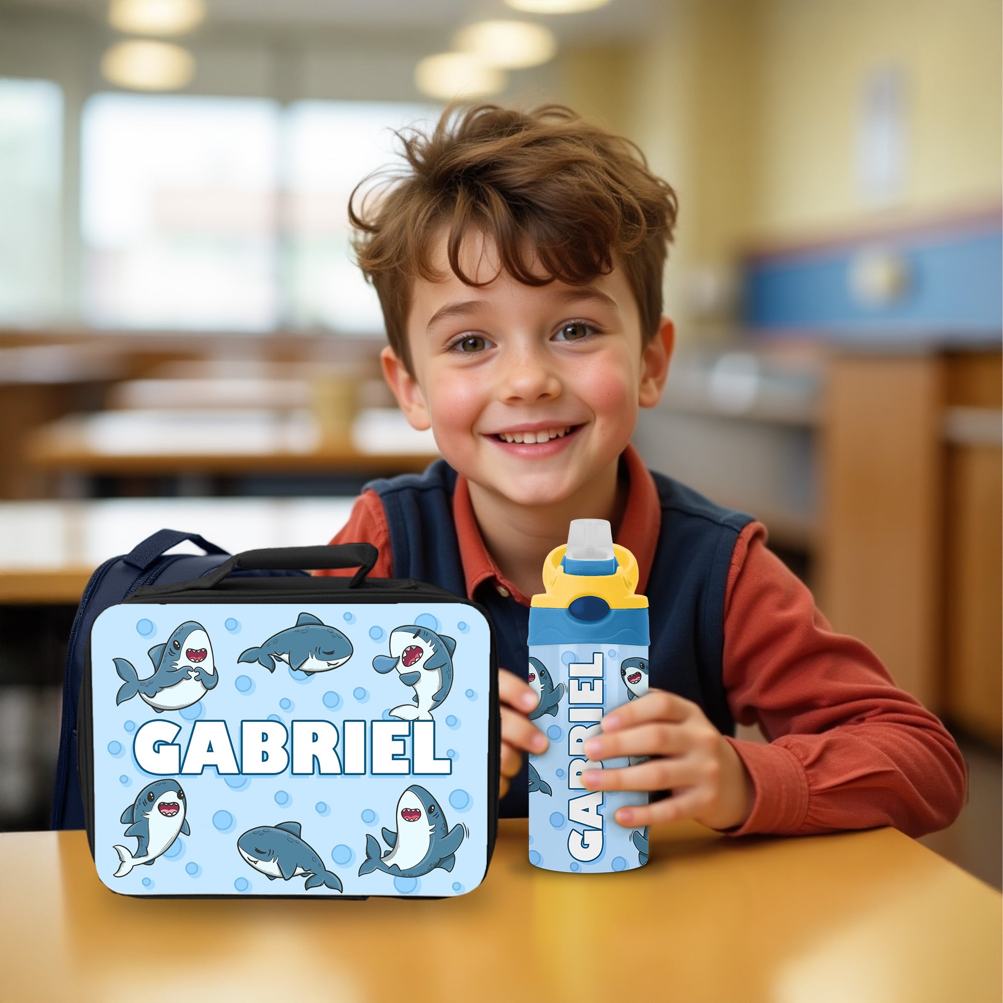 Custom shark lunch set with name, ideal for school lunches and personalized school gear.