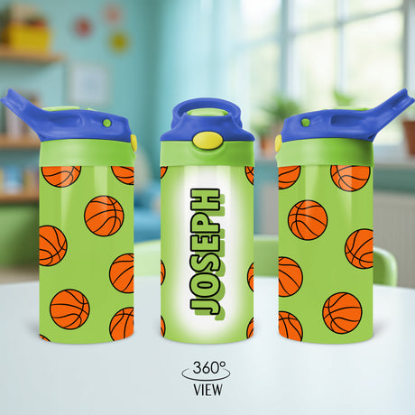 Custom name kids sports water bottle featuring basketball theme and flip top lid, ideal for boys backpacks and gym bags.