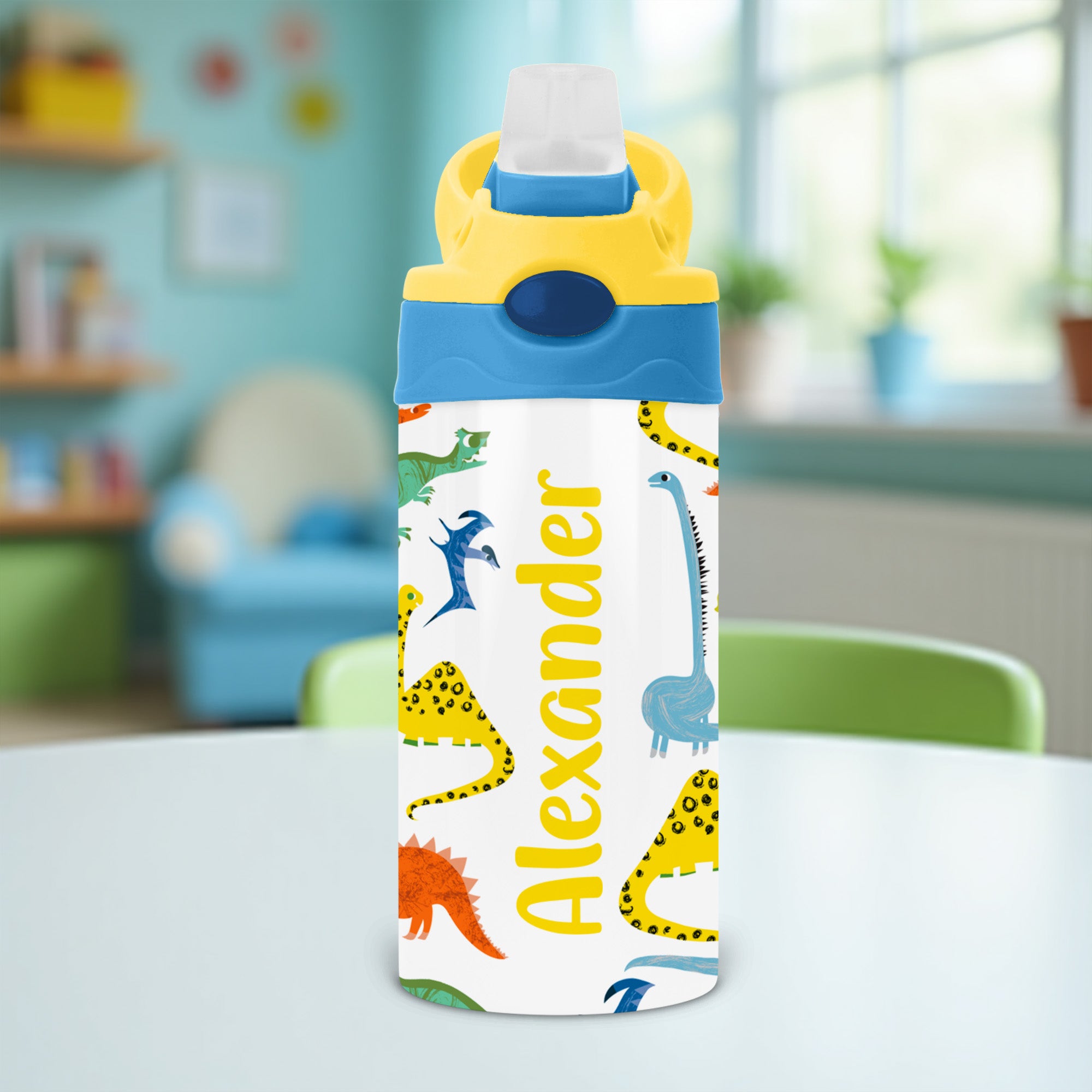 Personalized back to school water bottle gifts for little boys. Dinosaur themed water bottles with name. 