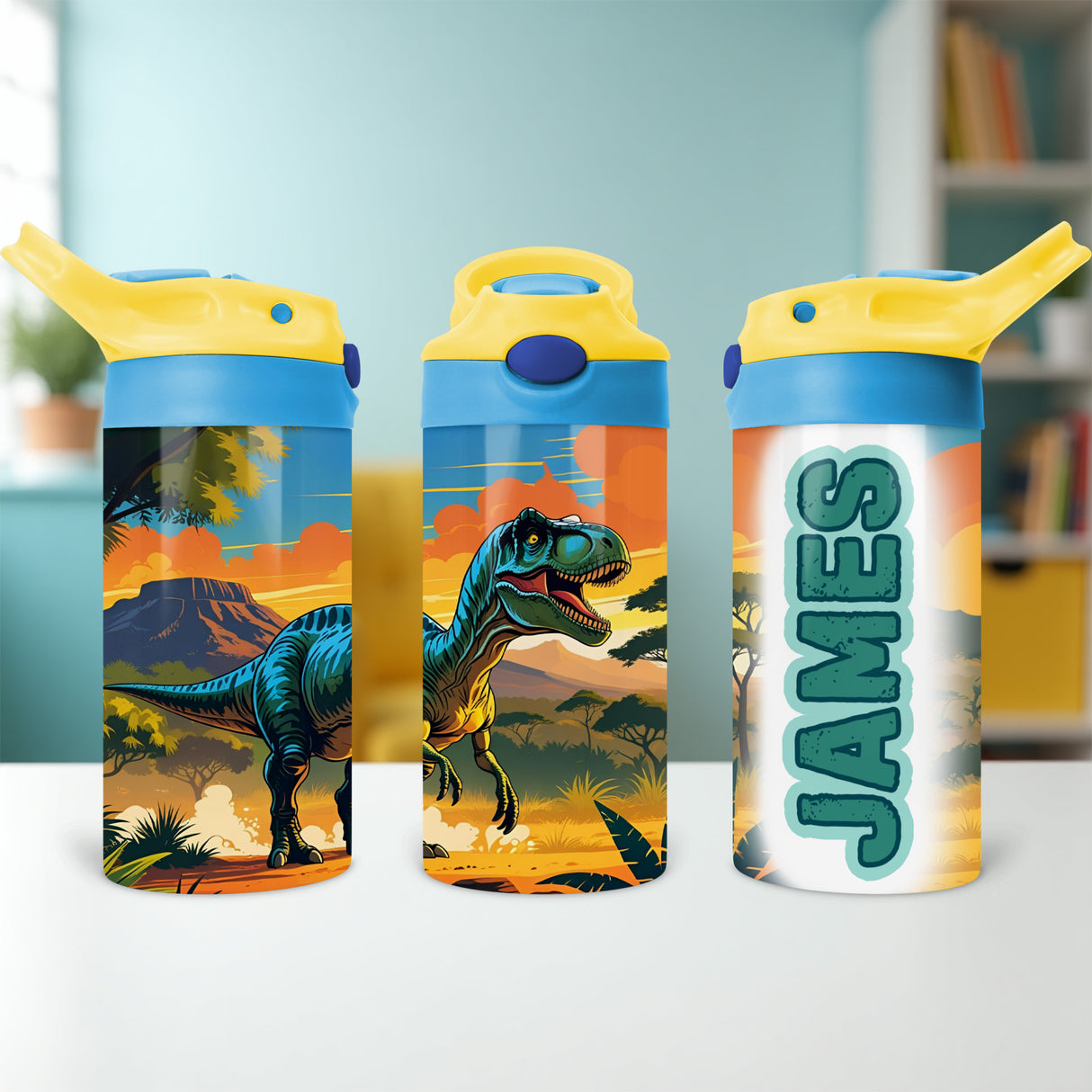 Dino flip top water bottle for kids, back to school gifts. Kids dinosaur water bottle with flip lid, perfect for preschool or daycare.