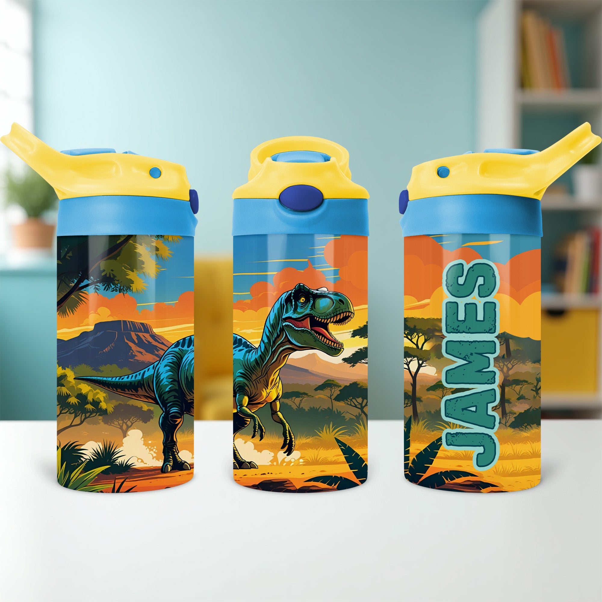 Dino flip top water bottle for kids, back to school gifts. Kids dinosaur water bottle with flip lid, perfect for preschool or daycare.