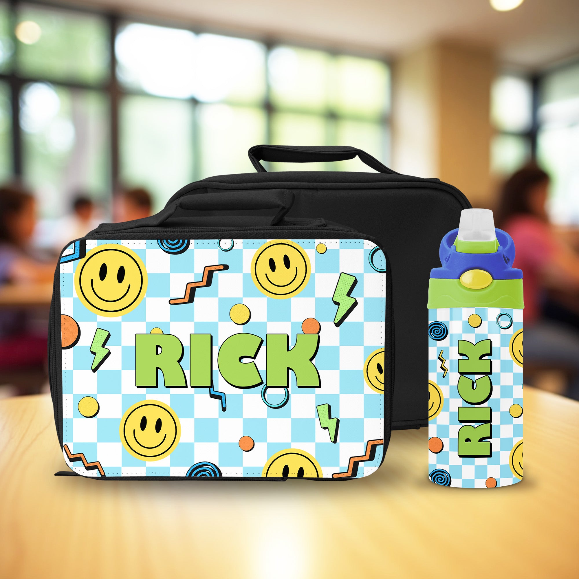 Custom kids lunch box and matching water bottle with personalized name, a top choice for back to school gifts.