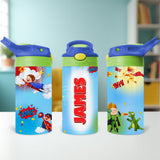Personalized kids superhero water bottle with custom name, ideal for school and sports.