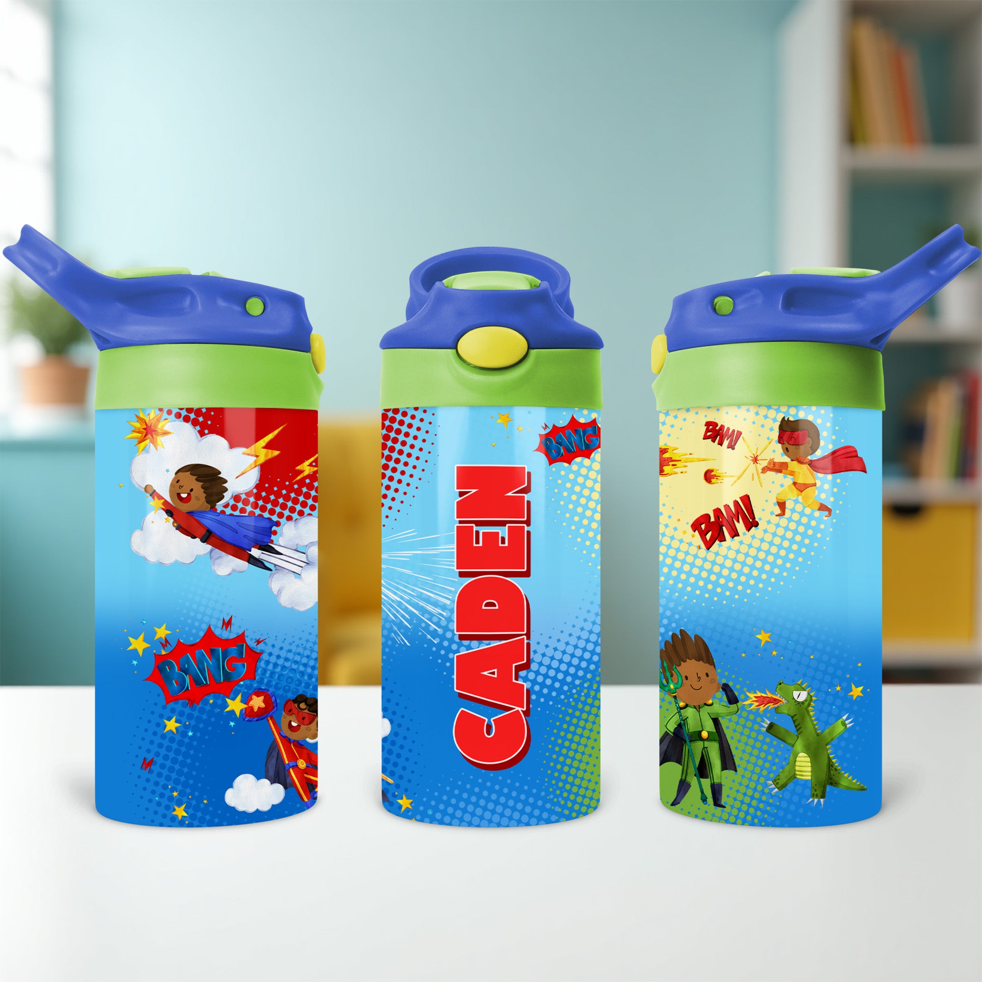 Personalized kids superhero water bottle with custom name, ideal for school and sports.