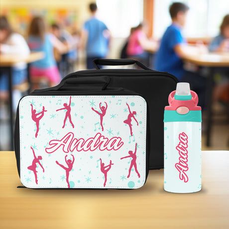 This custom dance lunch box and water bottle with name is perfect for school and dance class.