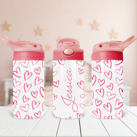 Custom heart water bottle with name for girls, the perfect back to school gift for your daughter that stands out in classrooms, lunchboxes, and backpacks.