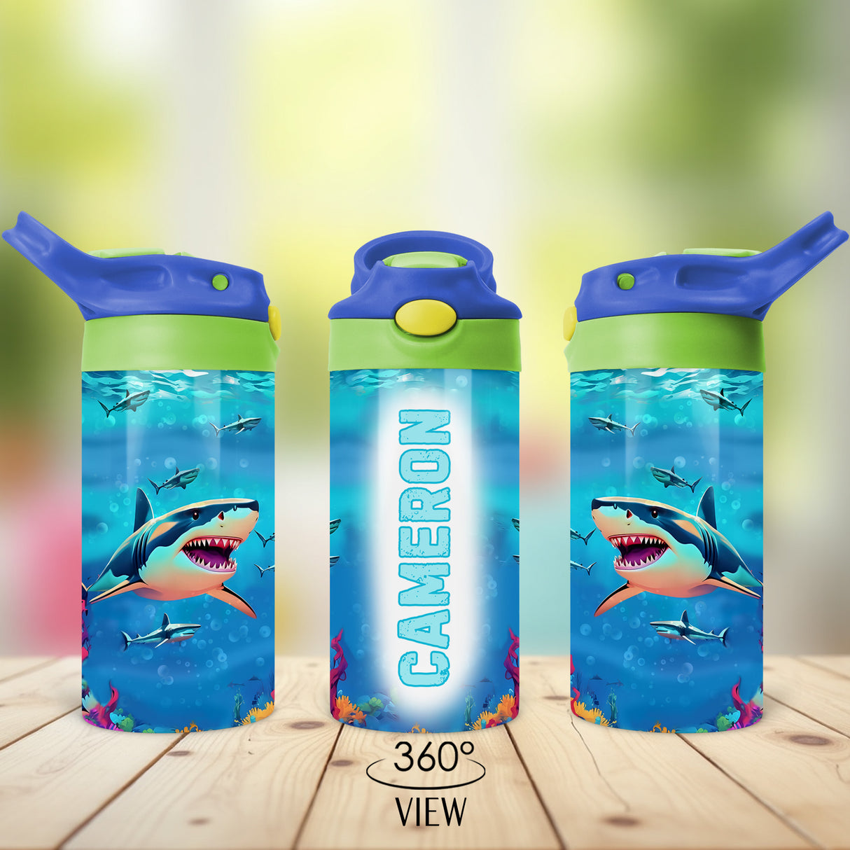Back to school water bottle featuring a fun shark design and child’s name printed on the front.