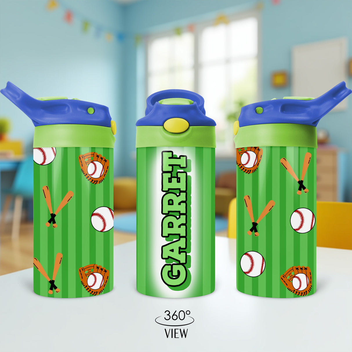 Custom back to school stainless steel water bottle for baseball boys. Practice personalized water bottle with name.