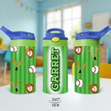 Custom back to school stainless steel water bottle for baseball boys. Practice personalized water bottle with name.