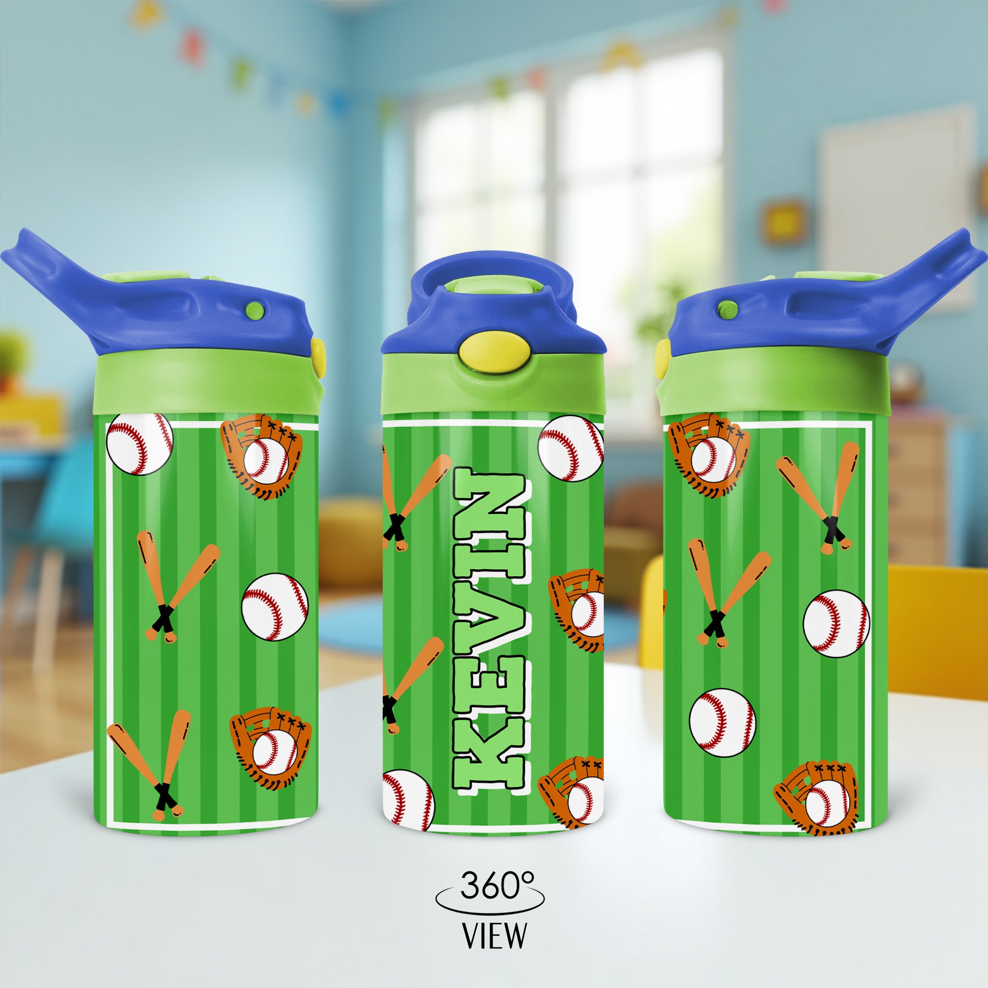 Custom back to school stainless steel water bottle for baseball boys. Practice personalized water bottle with name.