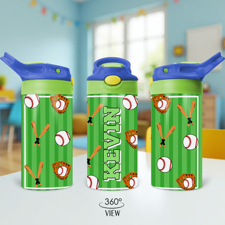 Custom back to school stainless steel water bottle for baseball boys. Practice personalized water bottle with name.