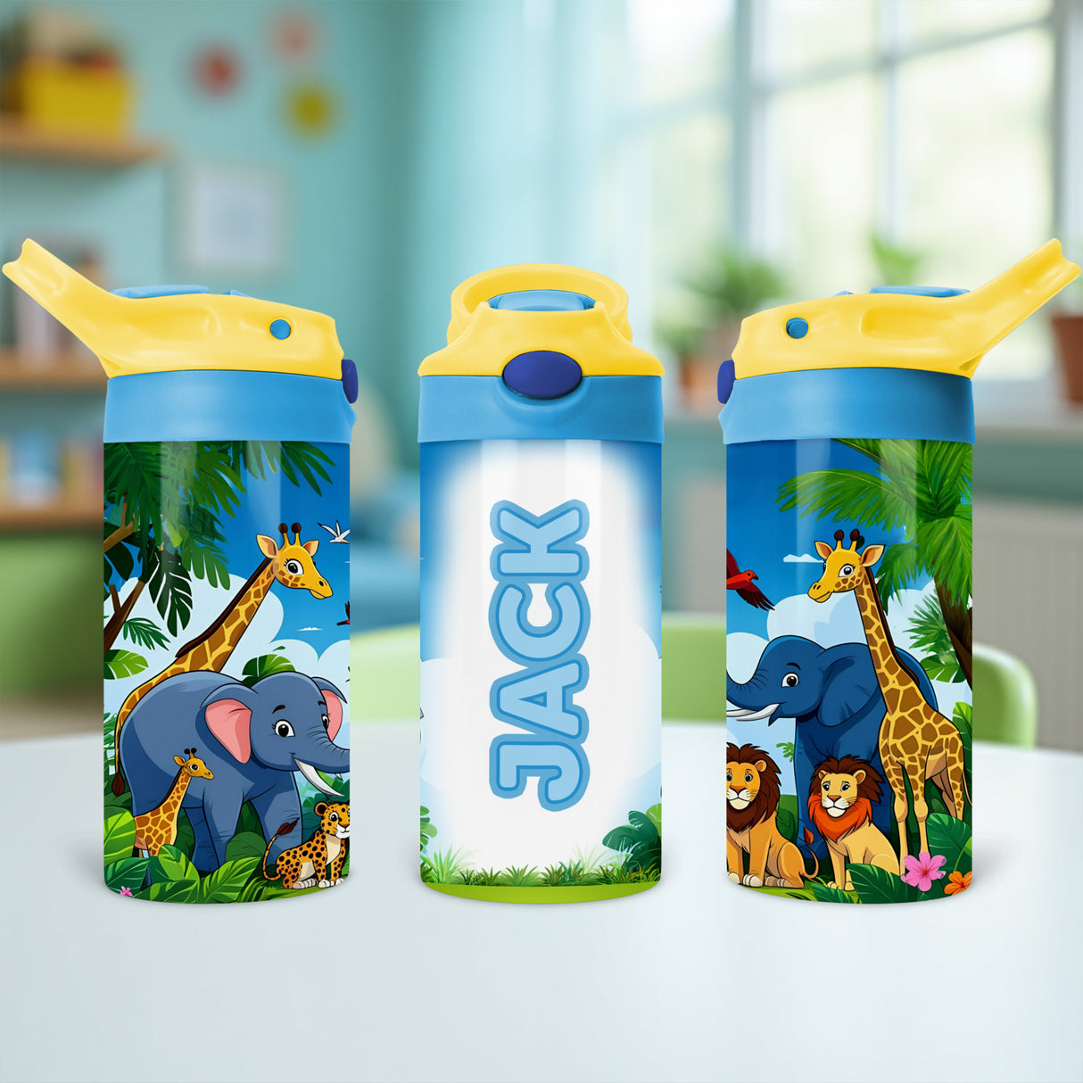 Personalized Safari Water Bottle for Kids with custom name and zoo animals, ideal for back to school or birthday gifts. 