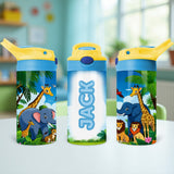 Personalized Safari Water Bottle for Kids with custom name and zoo animals, ideal for back to school or birthday gifts. 