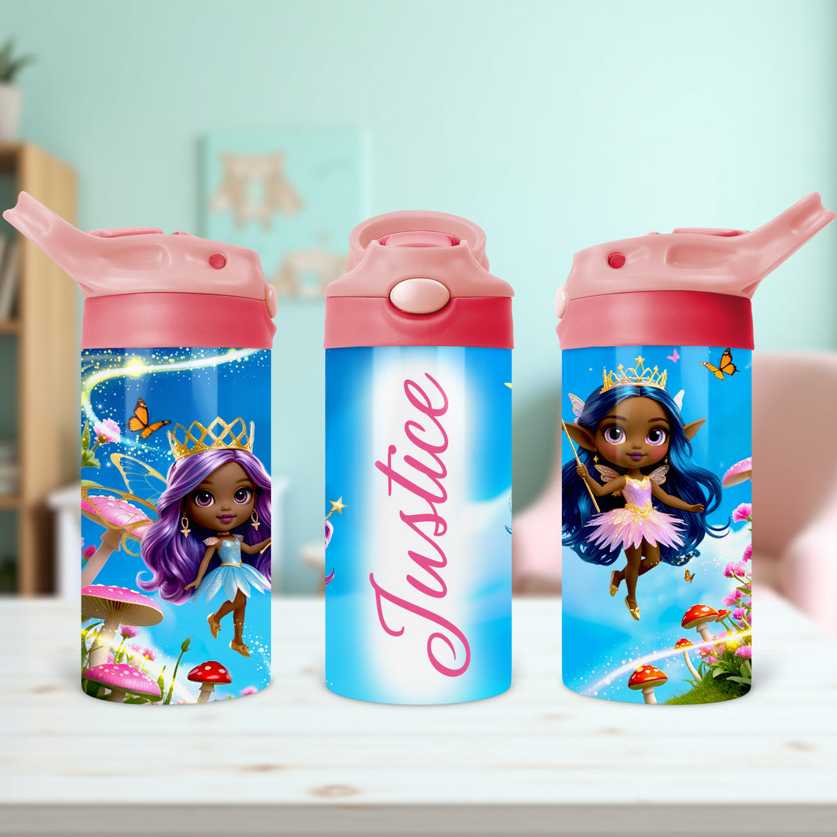 Personalized fairy name water bottle for girls features a durable design perfect for back to school gifts and everyday use.