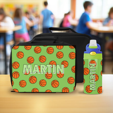 Custom basketball lunch bag and water bottle set for kids, personalized with name, durable lunchbox gift for boys and young athletes.