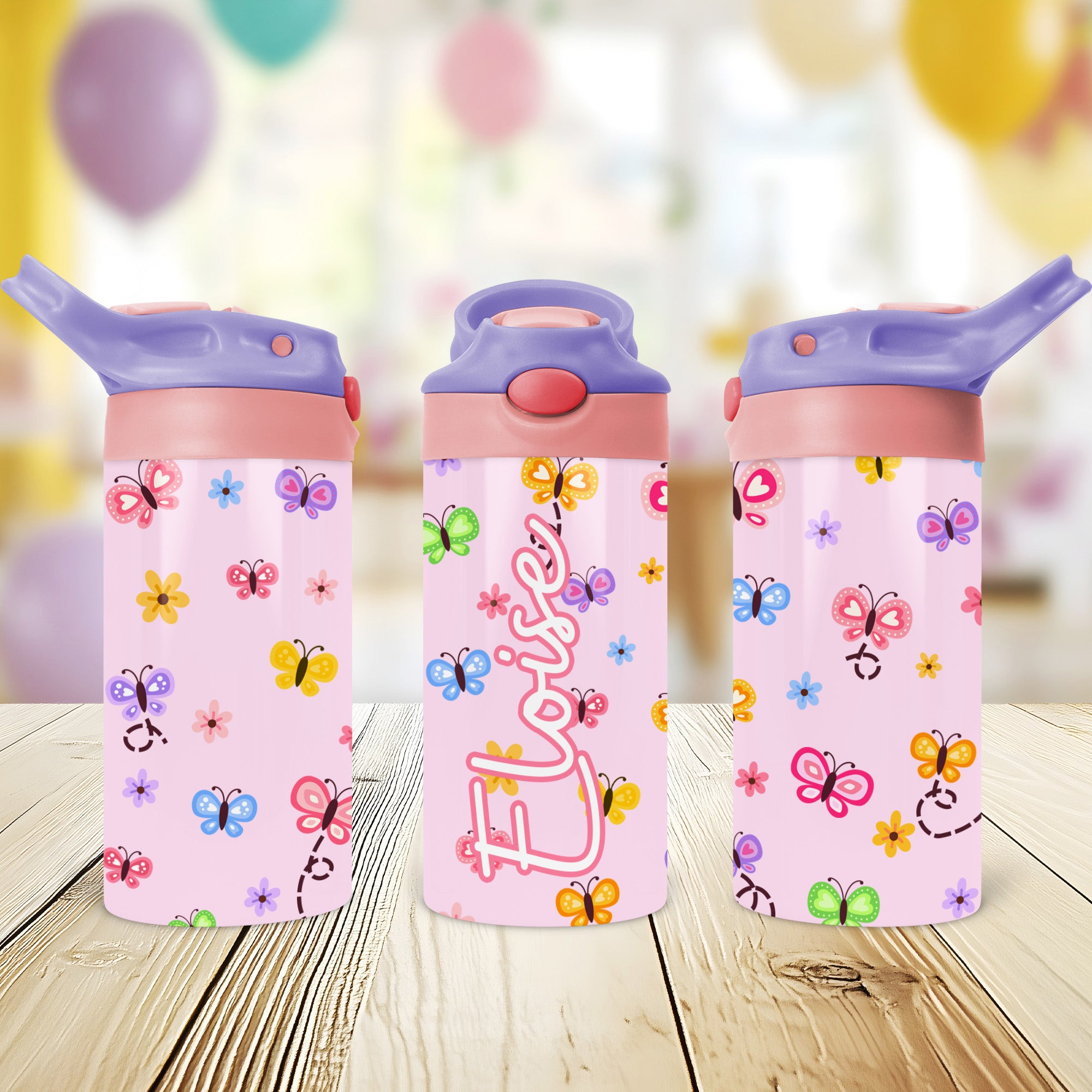 Custom butterfly water bottle for girls, the perfect personalized back to school gift for kids with name and flip top lid.